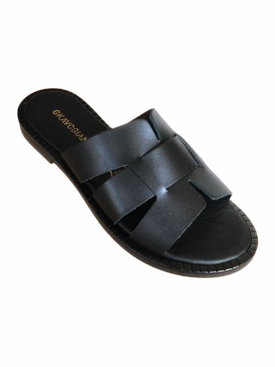 Gkavogiannis Sandals Leder Damen Flache Sandalen in Schwarz Farbe