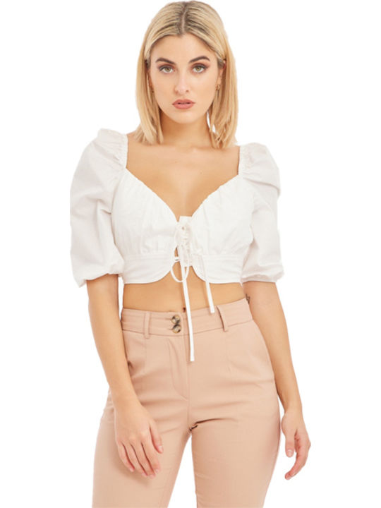 Juicy Women's Summer Crop Top with 3/4 Sleeve & V Neckline White