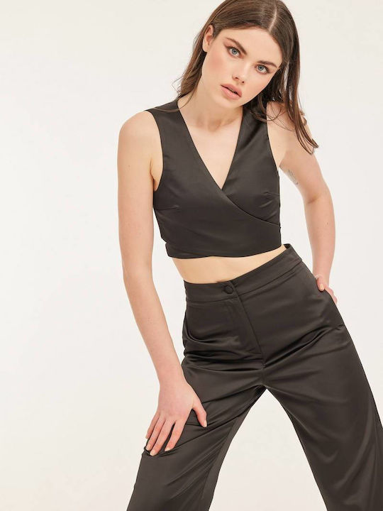 Mind Matter Women's Summer Crop Top Satin Sleeveless with V Neckline Black