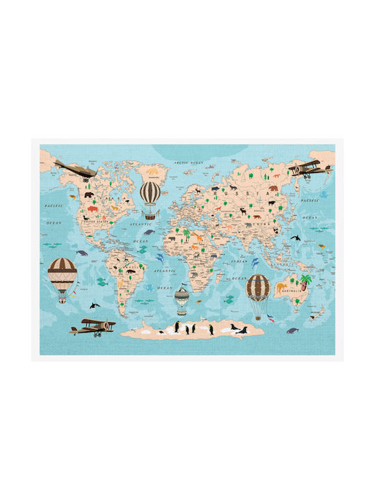 Walls Kids Wall Art Cute World Map with White Frame on Canvas 20x15cm