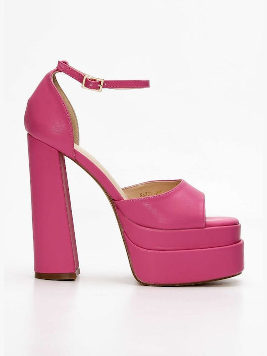 Louizidis Platform Synthetic Leather Women's Sandals with Ankle Strap Fuchsia with Chunky High Heel M1422-3