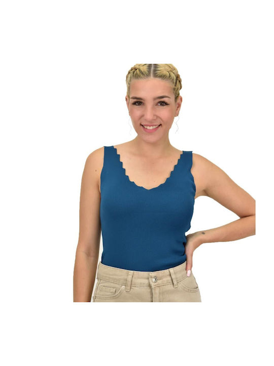 Potre Damen Crop Top Ärmellos mit V-Ausschnitt Blau