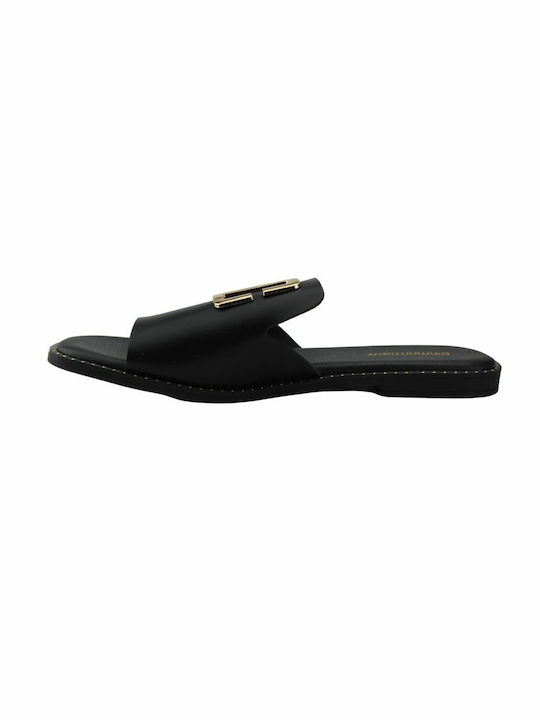 Diamantique Leather Women's Flat Sandals in Black Color