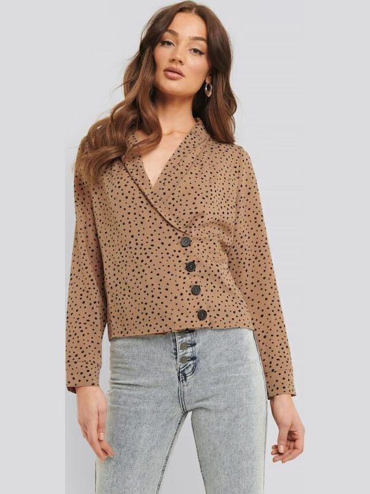 Damen Bluse Langärmelig mit V-Ausschnitt Polka Dot Beige