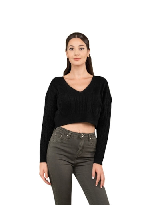 E-shopping Avenue Women's Crop Top Long Sleeve with V Neckline Black