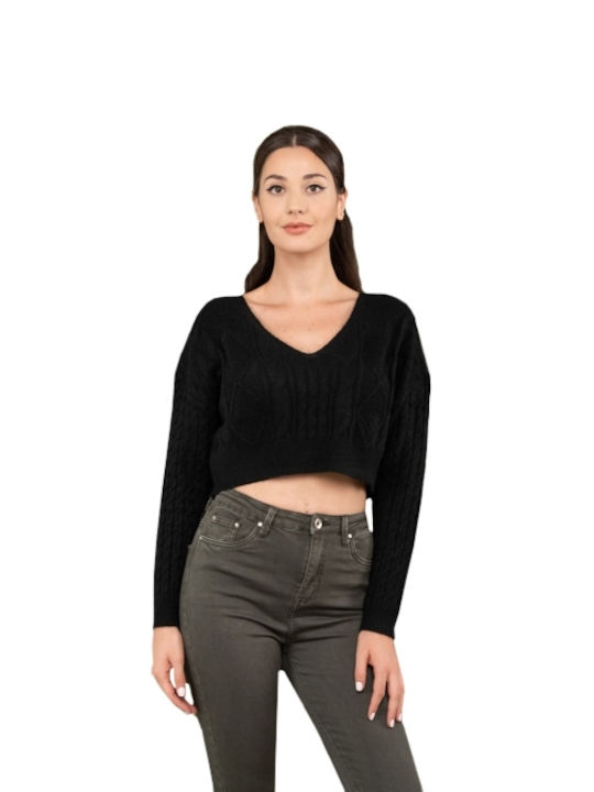 E-shopping Avenue Damen Crop Top Langarm mit V-Ausschnitt Schwarz