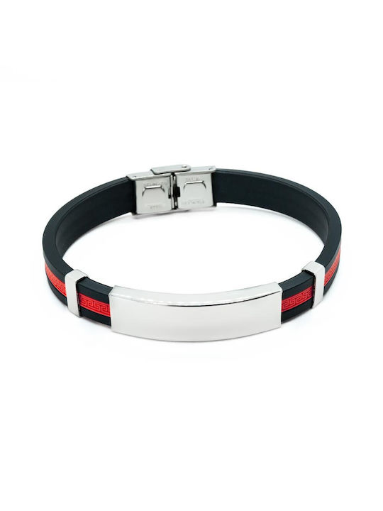 Men's Rubber Bracelet in Black and Red color and Silver Plate made of Steel