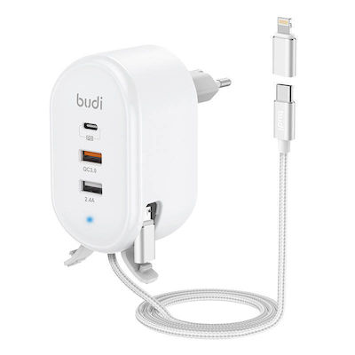 Budi Ladegerät mit integriertem Kabel mit 2 USB-A Anschlüsse und USB-C Anschluss Blitzschlag 30W Stromlieferung / Schnellaufladung 3.0 Weißs (312TE)