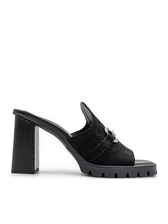 Leather Mules with Chunky High Heel in Black Color