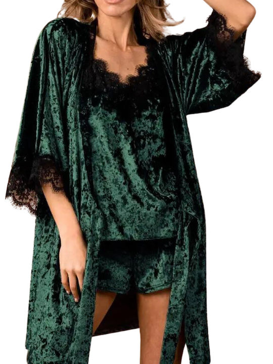 La Lolita Amsterdam Winter Women's Velvet Robe with Pyjama Green Heidi