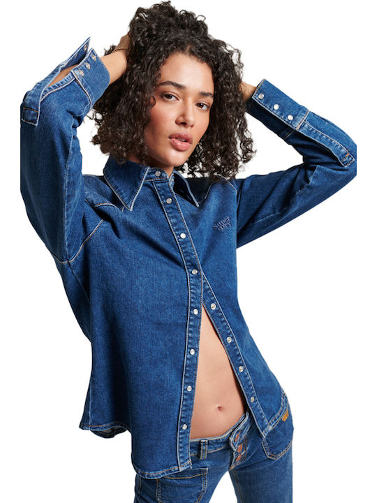 Superdry Μακρυμάνικο Γυναικείο Τζιν Πουκάμισο Μπλε