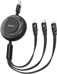 Mcdodo Flach / Ausziehbar USB zu Typ-C / Blitzschlag / Micro-USB Kabel Schwarz 1.2m (CA-3570)