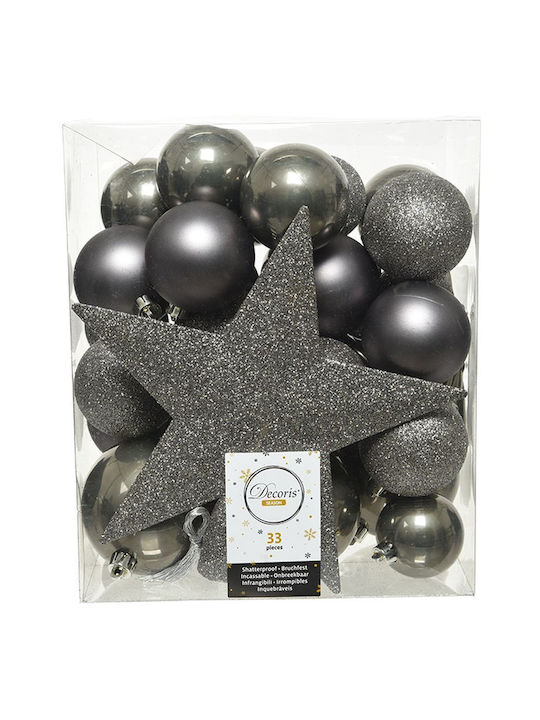 Hanging Ornament Mix Ornaments Plastic Gray with Glitter 8cm Set 33pcs
