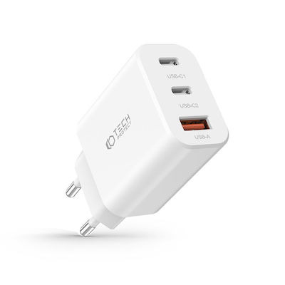 Tech-Protect Încărcător Fără Cablu cu Port USB-A și 2 Porturi USB-C Livrarea energiei / Încărcare rapidă 3.0 Albς (C30W)