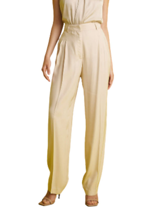 MY T Women's High-waisted Fabric Trousers Beige