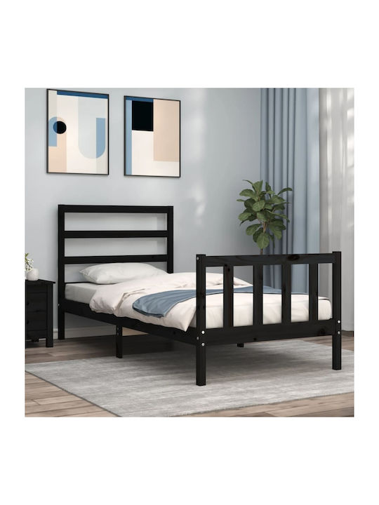 Κρεβάτι Μονό από Μασίφ Ξύλο Μαύρο με Τάβλες για Στρώμα 90x200cm