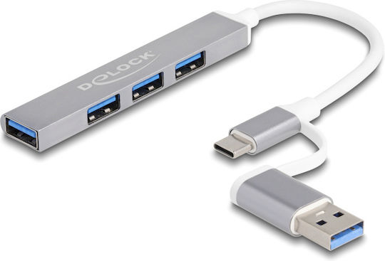 DeLock USB-Hub 4 Anschlüsse USB 3.0 mit Anschluss an einen Computer USB-A / USB-C Grau