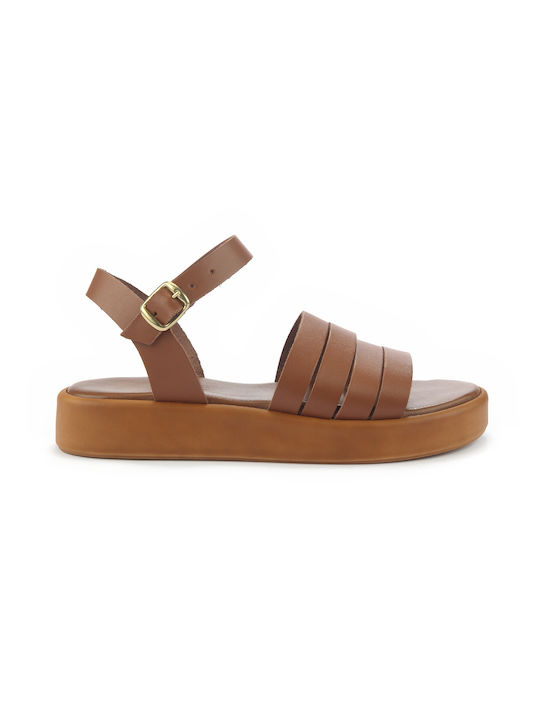 Fshoes Leather Women's Flat Sandals with Strap Flatforms in Tabac Brown Color