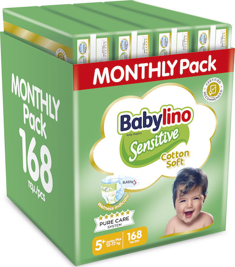 Babylino Tape Diapers Sensitive Cotton Soft Monthly Pack No. 5+ for 12-17kg 168pcs