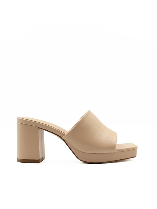 Noboo Mules mit Chunky Hoch Absatz in Beige Farbe