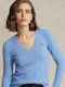 Ralph Lauren Damen Langarm Pullover Wolle mit V-Ausschnitt Blau