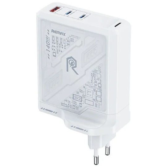Remax Φορτιστής Χωρίς Καλώδιο GaN με Θύρα USB-A και 2 Θύρες USB-C 140W Power Delivery Λευκός (RP-U106)