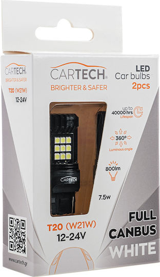 Cartech Λάμπες Αυτοκινήτου T20 / W21W / W3x16d Canbus LED 6000K Ψυχρό Λευκό 12-24V 2τμχ