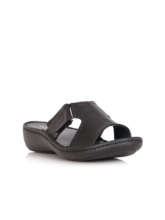 Step Leder Damen Flache Sandalen Anatomisch in Schwarz Farbe