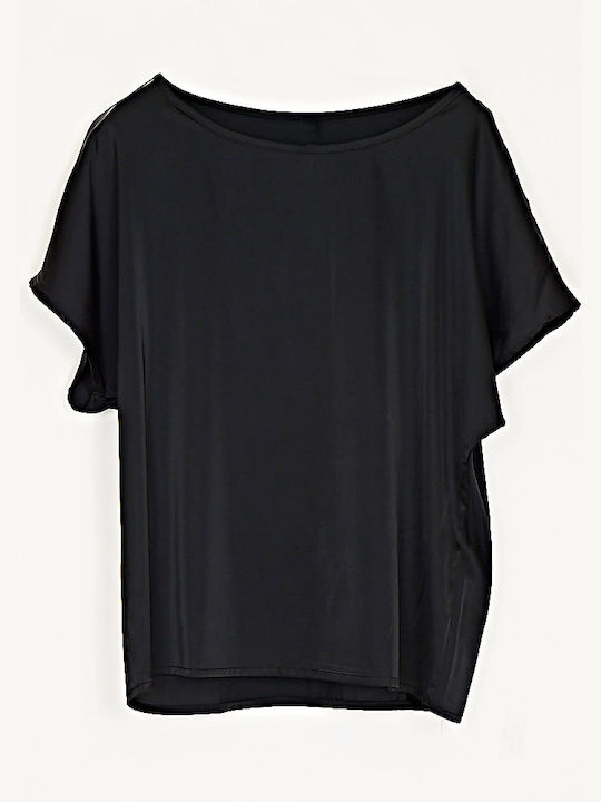 Cuca Women's Summer Blouse Satin Short Sleeve Black