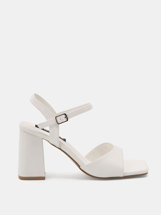 Bozikis Synthetic Leather Women's Sandals White with Chunky High Heel