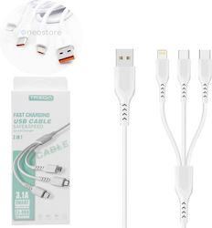 Treqa USB to Lightning / Type-C / micro USB Cable 3.1A Λευκό 1.2m (CA-868)