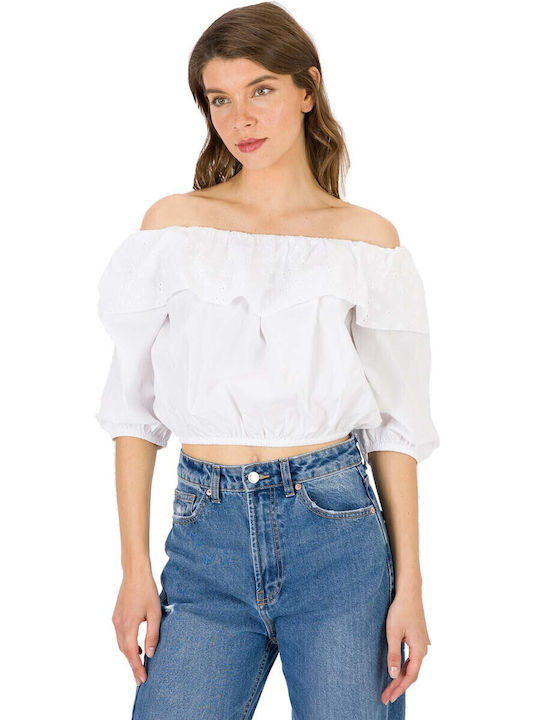 Women's Summer Crop Top with 3/4 Sleeve & Boat Neckline White