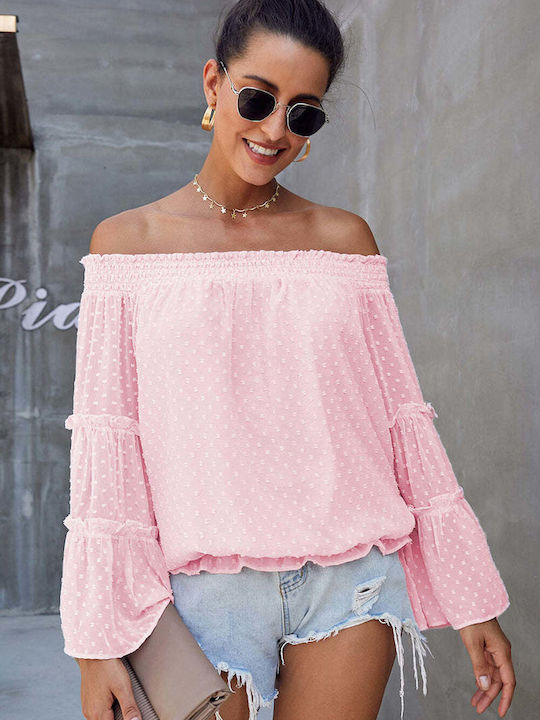 Amely Damen Sommerliche Bluse Langärmelig mit Smiley-Ausschnitt Polka Dot Rosa