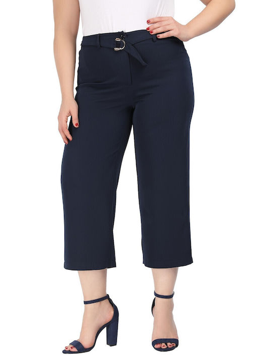 Women's Fabric Capri Trousers with Elastic Navy Blue