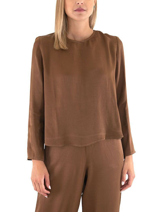MY T T Women's Blouse Satin Long Sleeve Brown