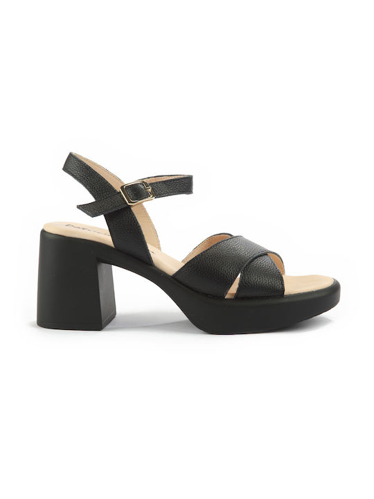 Fshoes Platform Leather Women's Sandals Black with Chunky Medium Heel