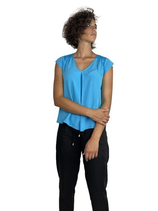 Passager Women's Summer Blouse Sleeveless with V Neckline Light Blue