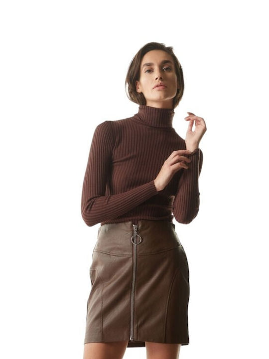 BSB Women's Blouse Long Sleeve Turtleneck Brown