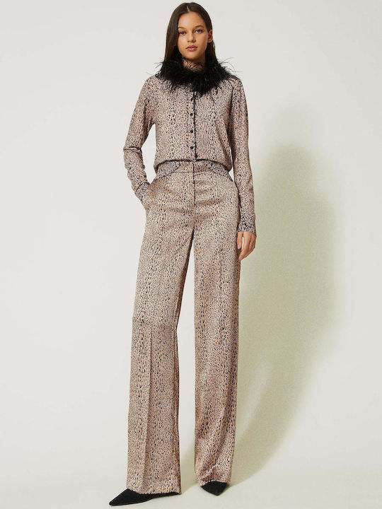 Women's High-waisted Fabric Trousers Leopard Brown