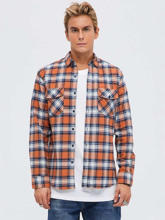 Aristoteli Bitsiani Men's Shirt Overshirt Long Sleeve Flannel Checked Orange