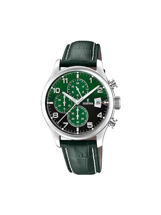 Festina Watch Chronograph Battery with Green Leather Strap