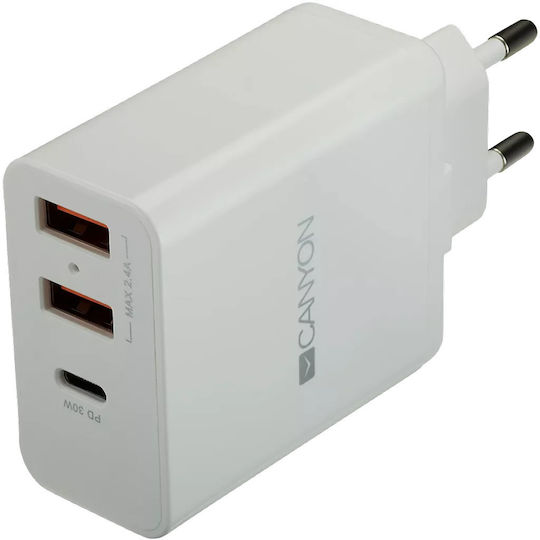 Canyon Φορτιστής Χωρίς Καλώδιο με 2 Θύρες USB-A και Θύρα USB-C 30W Power Delivery Λευκός (CNE-CHA08)