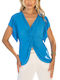 Damen Sommer Bluse Kurzärmelig mit V-Ausschnitt Blau