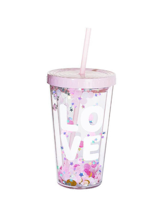 Glass Water made of Plastic in Pink Color with straw 450ml 1pcs