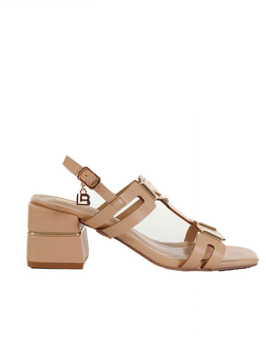 Laura Biagiotti Leather Women's Sandals Beige with Chunky Medium Heel