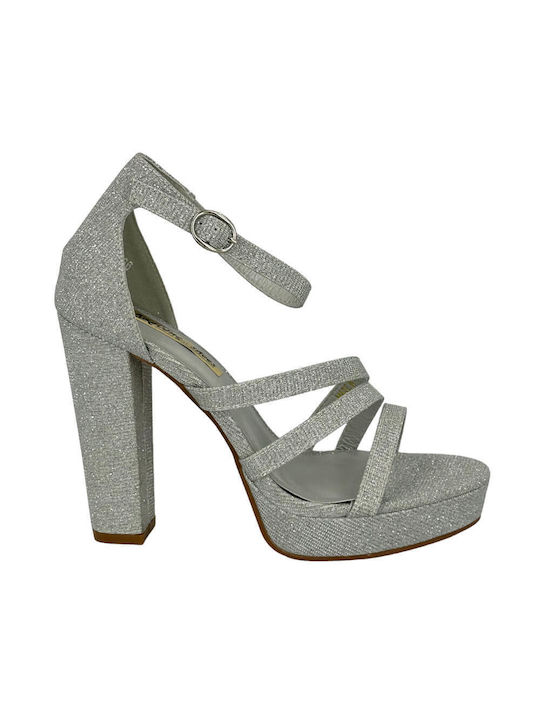 Karidis-Shoes Platform Women's Sandals with Ankle Strap Silver with Chunky High Heel