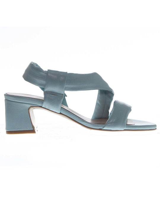 Dore Leather Women's Sandals Light Blue with Chunky Medium Heel