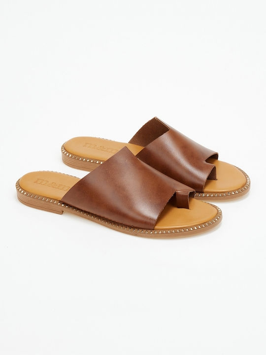 Issue Fashion Leather Women's Flat Sandals in Tabac Brown Color