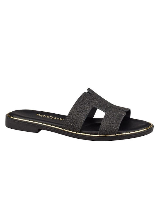 Yfantidis Leather Women's Flat Sandals in Black Color