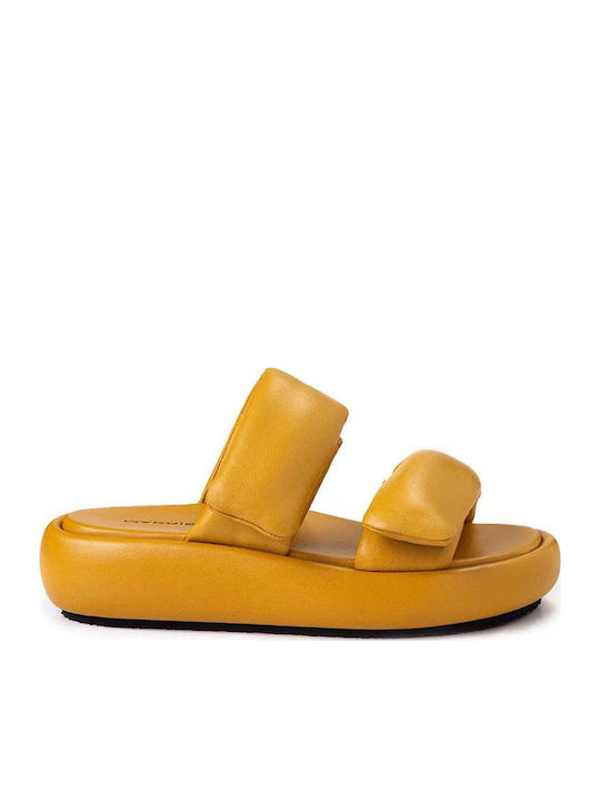 Leather Women's Flat Sandals Flatforms in Yellow Color
